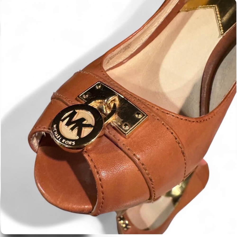 Michael Kors Women's Brown Leather Peep-Toe Wedge Heels - Picture 3 of 7